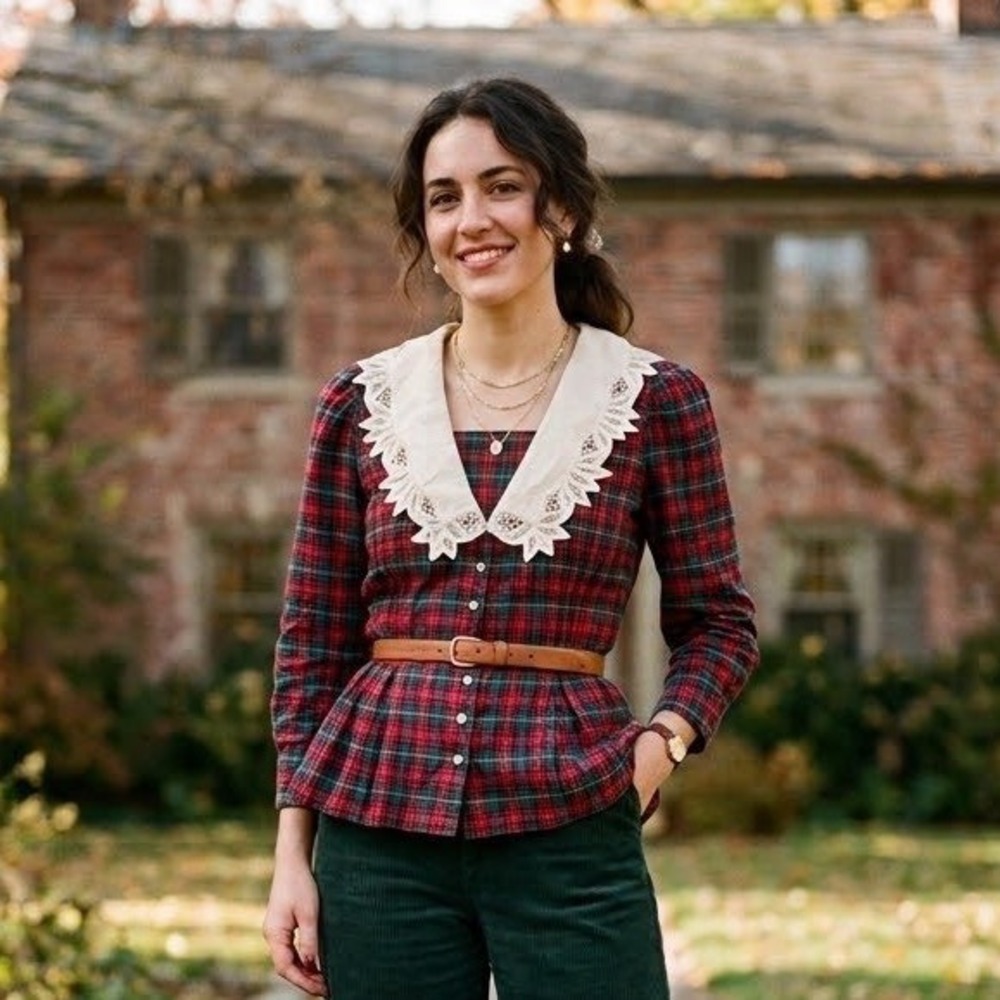 Vintage Tartan Plaid Button Top Oversized Crochet Pearl Collar Peplum Blouse S